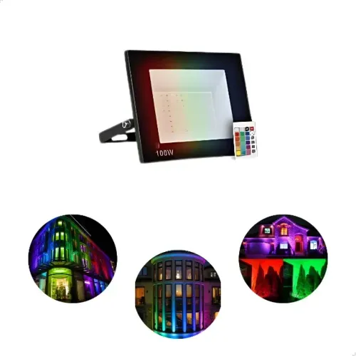 Refletor Led RGB C/ Controle Slim Mini  Colorido 100w Preto Prova D'agua Cor 