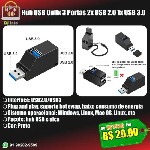 Hub USB Oullx 3 Portas 2x USB 2.0 1x USB 3.0