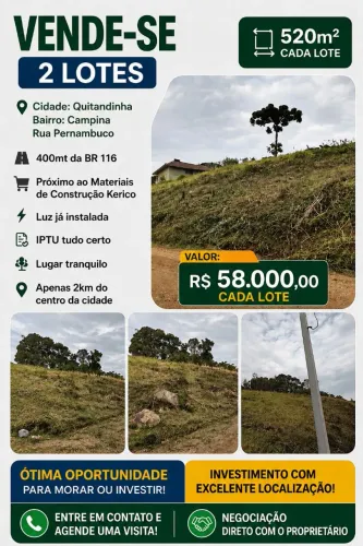 Vendo Terreno com 1060mt²: R$:95.000 ou lotes com 530mt²:R$:55.000