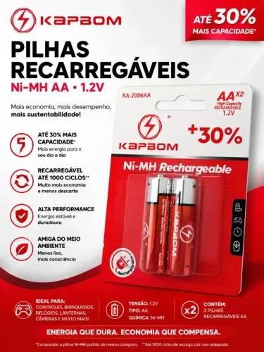 Pilha Recarregável AA KAPBOM 1.2V Ni-MH Alta Capacidade C/2 Original