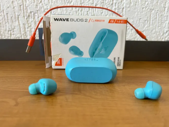 Fone de Ouvido Bluetooth JBL Wave Buds 2 Azul - Original com Caixa e Cabo