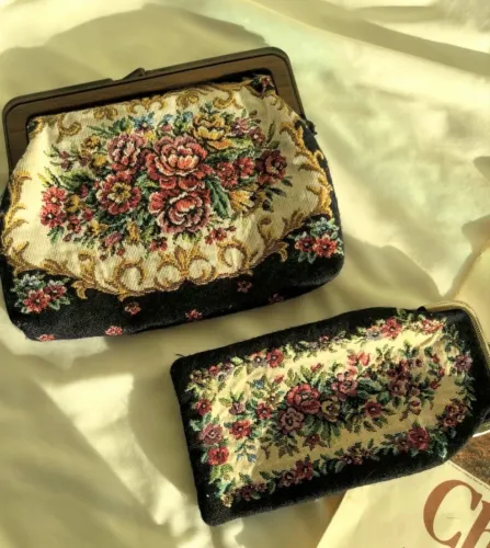 Conjunto vintage tapeçaria Gobelin bolsa clutch e porta níquel