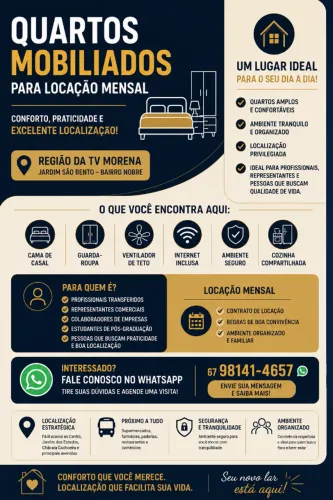 Quartos Mobiliados para Locação Mensal | Região da TV Morena | Jardim São Bento