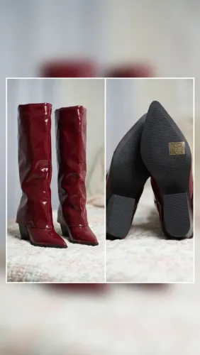 Título:bota de cano alto verniz vinho marsala salto bloco(veste 36