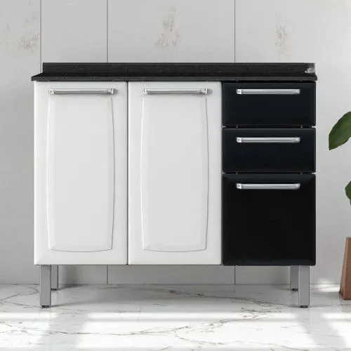 Balcão Cozinha em Aço 3 Portas 2 Gavetas 105cm com Tampo Luce Itatiaia Branco/Preto<br>