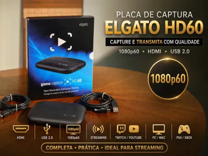 Placa de Captura Elgato HD60 1080p60 com Caixa e Cabos