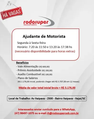 Ajudante de Motorista - Itajaí/SC