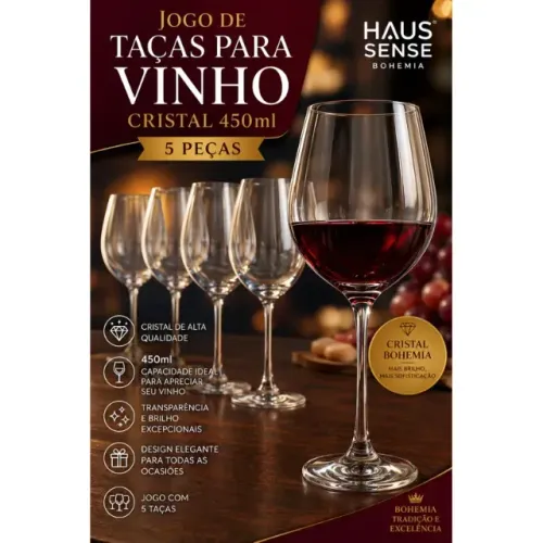 Kit 5 Taças para Vinho 450ml em Vidro Transparente Elegante para Vinhos e Drinks
