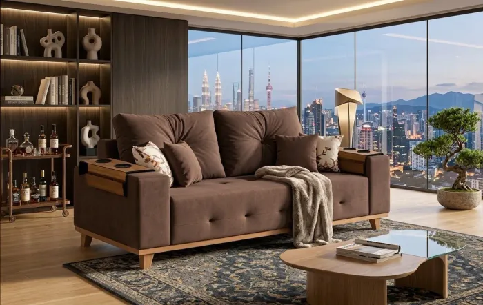 Sofá retrô quadrado 3 lugares com base de madeira e porta copo e 4 almofadas decorativas 