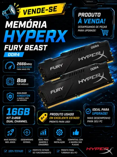 2x MEMÓRIA 8GB (16GB total) DDR4 Fury Beast 2666mHz