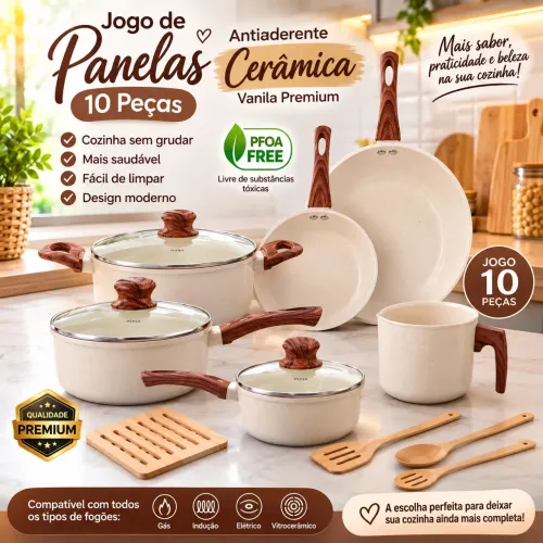 Jogo de Panelas Indução Antiaderente Cerâmica 10 Peças - Vanilla Premium