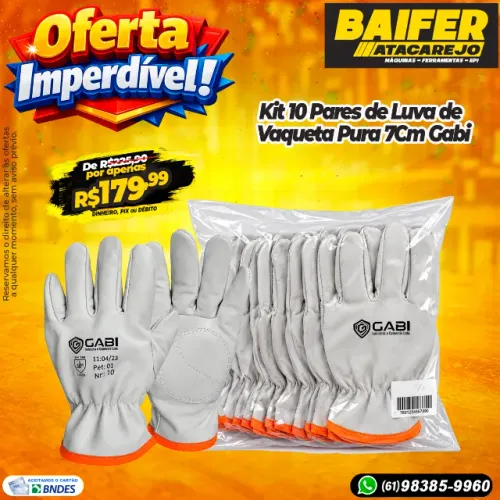 Kit 10 Pares de Luva de Vaqueta Pura 7Cm Gabi