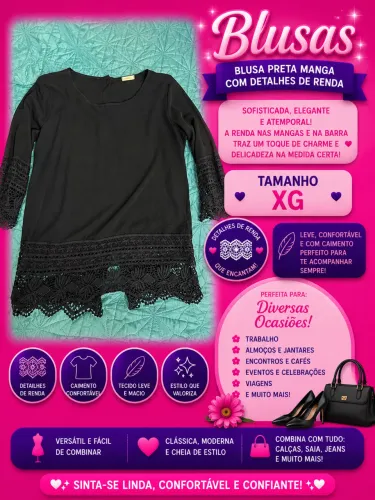 Blusa preta tamanho XG com detalhes de renda