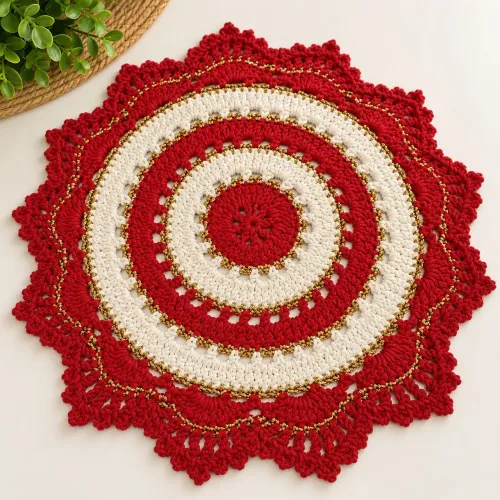 Edição especial Sousplat Encanto de Natal em Crochê, 4 unidades, vermelho, 38cm