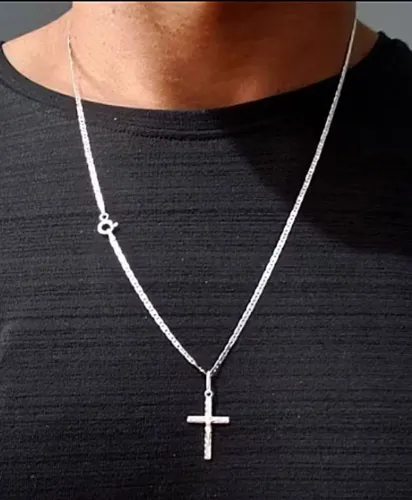 Corrente Piastrine Jóia Prata 925 Pingente Crucifixo Pequeno Jóia Discreta
