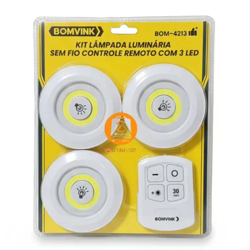 Kit 3 Lâmpada, Luminária Led Spot Sem Fio + Controle Remoto