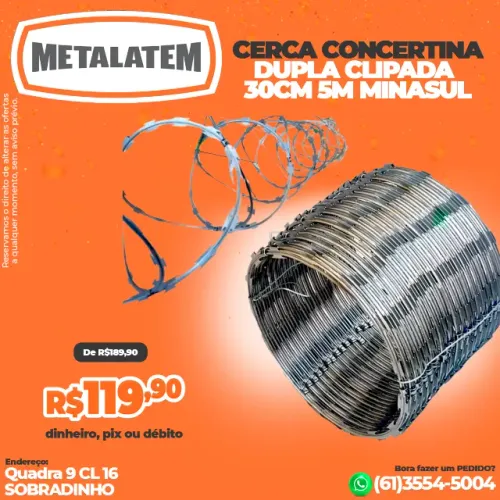 Concertina Clipada Dupla Cerca Para Muro 30cm 5 Metros Minasul