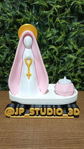 Kit Nsa. Sra. Aparecida + Porta-Terços + Porta-Vela + Vela de Led Rosa/Branco
