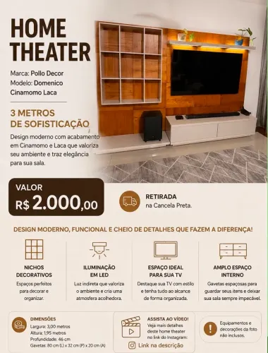 Painel TV com Rack Domenico Cinamomo Laca da Pollo Decor