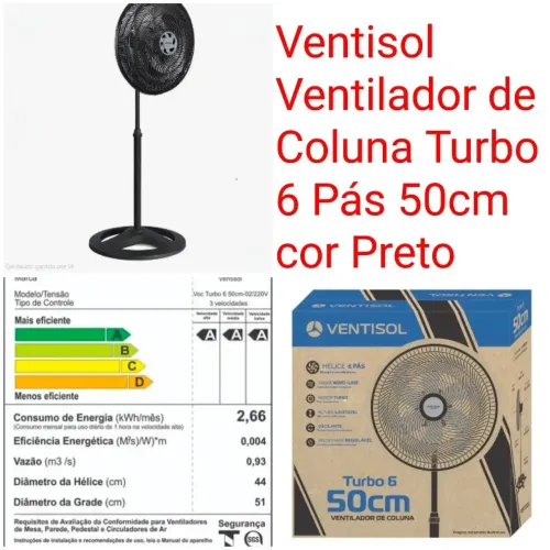 Ventisol Ventilador de Coluna Turbo 6 Pás 50cm Preto
