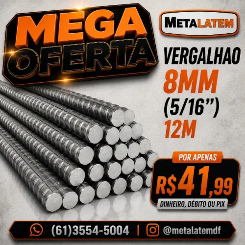 Vergalhão de Aço Nervurado 8mm 5/16" Barra com 12 Metros