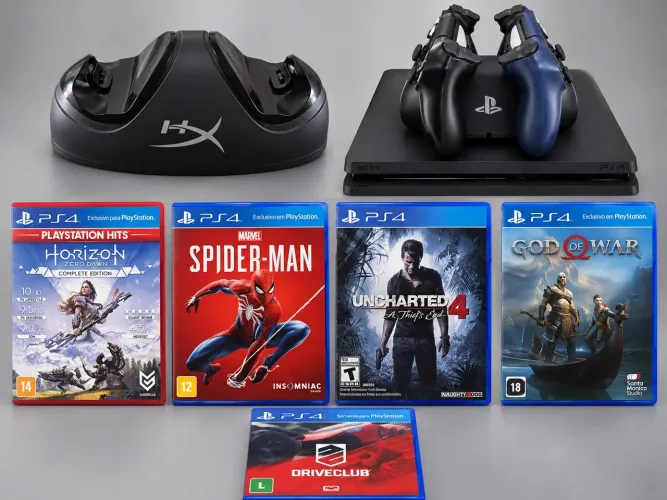 ? VENDO PS4 SLIM 1TB + 2 CONTROLES + BASE CARREGADORA + 5 JOGOS