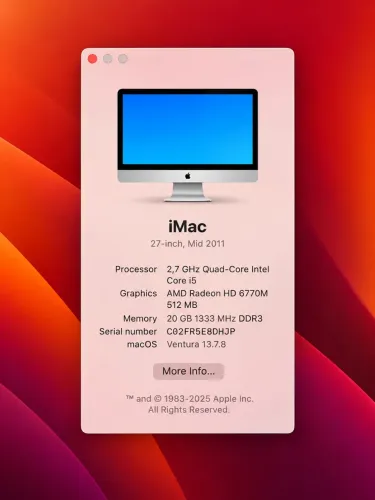 iMac 27 pol i5 20 GB de RAM SSD 480 GB (mid 2011) OS Ventura
