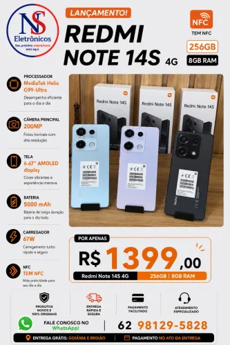 Celular Xiaomi Redmi Note 14S 4G 256GB +8GB RAM LACRADO ENTREGAMOS GRÁTIS GARANTIA
