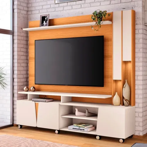 Estante Home Virtus Cinamomo Com Off White - Iluminação em LED Tv até 70 Polegadas <br>