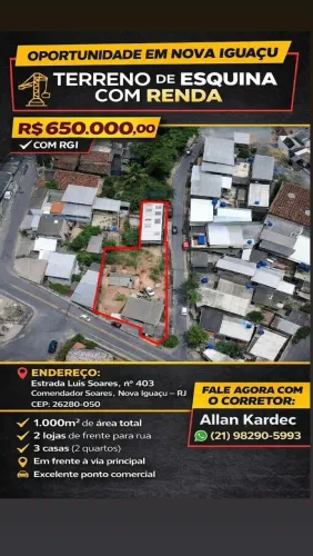 Vendo terreno 1.000m². Bairro: Comendador Soares, Nova Iguaçu - RJ