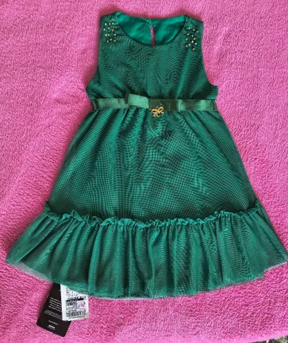 Vestido social infantil verde meia malha tule