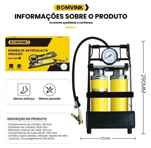 Bomba de ar BOM-8811 pedal duplo calibrador pneu