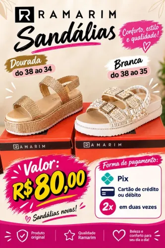 Sandálias Ramarim<br>A dourada do 38 ao 34.<br>A branca do 38 ao 35.<br>Valor 80,00.