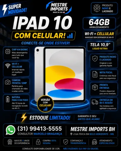 iPad 10 64GB Wi-Fi + Cellular Silver Novo Lacrado Apple