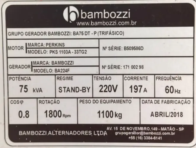 Gerador de Energia 75 kVA Perkins Bambozzi - Trifásico 220V - Automático