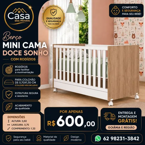Berco Mini Cama C/ Rod Doce Sonho 1344 70x130 - Carvalho 