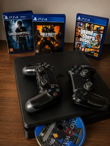 PS4 Slim + 2 Controles (1 Original) + GTA V + God of War + Jogos Digitais