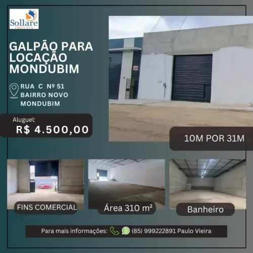 Alugo Galpão no Novo Mondubim Com 10m Por 31m e Área de 310m² Próximo a Avenida Mendel Ste