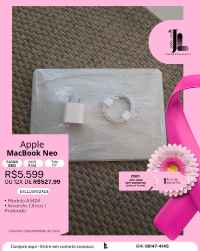 MACBOOK NEO, 512GB, 8GB RAM, TELA 13 POL., ZERO, SEM CAIXA, LANÇAMENTO!