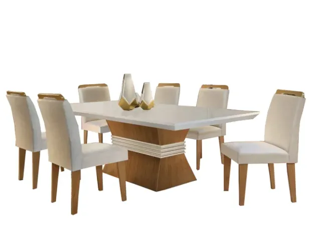 Mesa Ágata 180 Canto Copo Off White/Imbuia com 6 Cadeiras ftt7