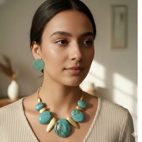 Colar Turquesa Resinado com detalhes Dourados + Brinco Resina Redondo Turquesa