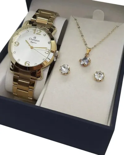Kit Relógio Champion Elegance CN26279W Feminino Dourado com Cristais 5ATM 40mm