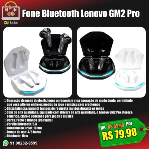 Fone Bluetooth Lenovo GM2 Pro