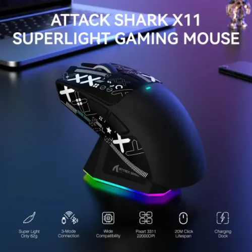 [Novo] Mouse Sem Fio Attack Shark X11 Preto + Doca Carregamento, Tri-Mode, PAW3311, Gamer