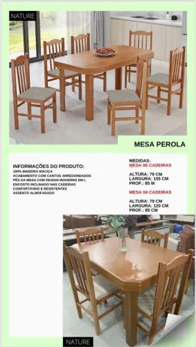Mesa Jantar pérola com 6 Cadeiras 1,55x85