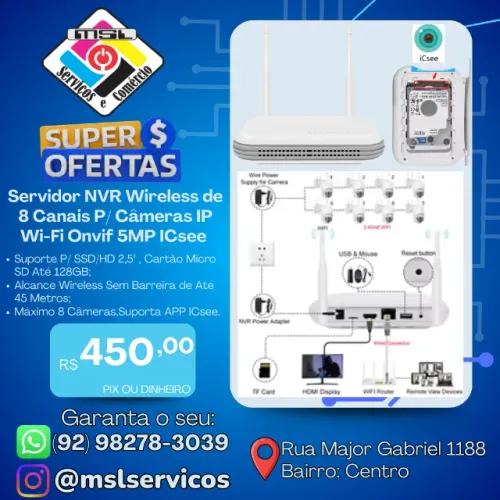Servidor NVR Wireless 8 Canais - Para Câmeras IP Wi-Fi Onvif 5MP | Suporte ICSee