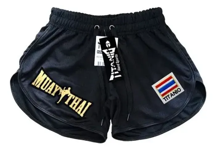 Short Muay Thai Calção Preto Dry Fit Patch Bordado