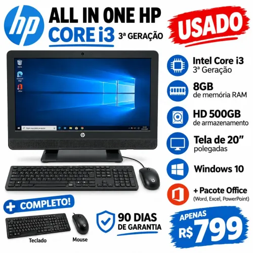 Computador completo HP all in one i3 da 3 geração, 8gb, hd 500gb, Windows 10, ddr3