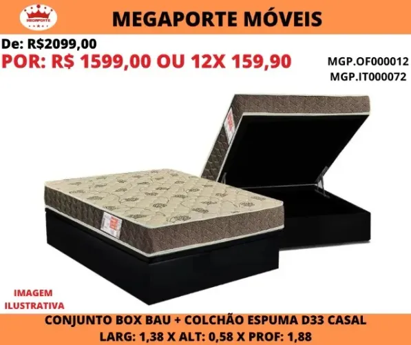 CONJUNTO BOX BAÚ CASAL + COLCHÃO ESPUMA D33