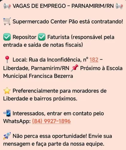 VAGA DE EMPREGO EM PARNAMIRIM/RN 